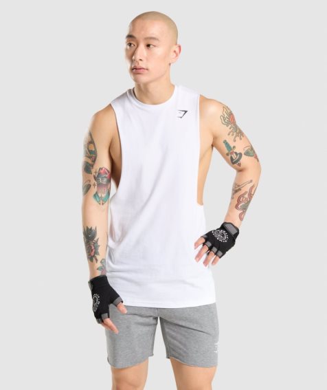 Men's Gymshark Critical Drop Arm Tanks White | NZ 0QYVJU